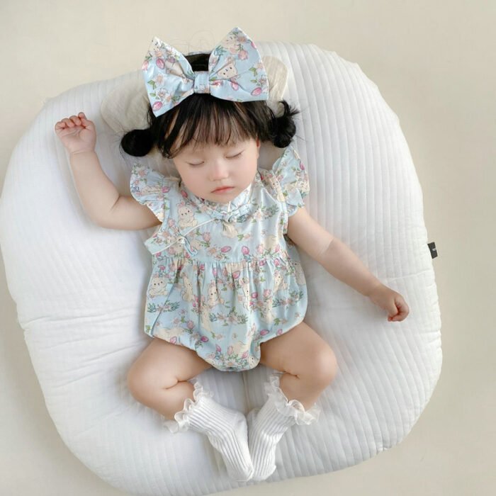 Girls Blue floral print romper with headband -onesie with matching hair accessories - Image 3