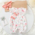 Girls Muslin Cloth White floral print romper Jumpsuit with matching head band - Image 2