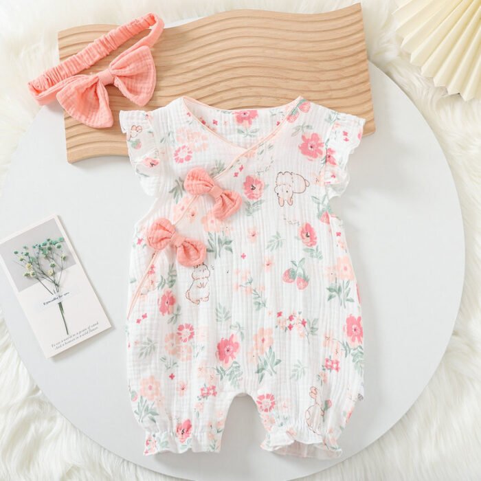 Girls Muslin Cloth White floral print romper Jumpsuit with matching head band - Image 2