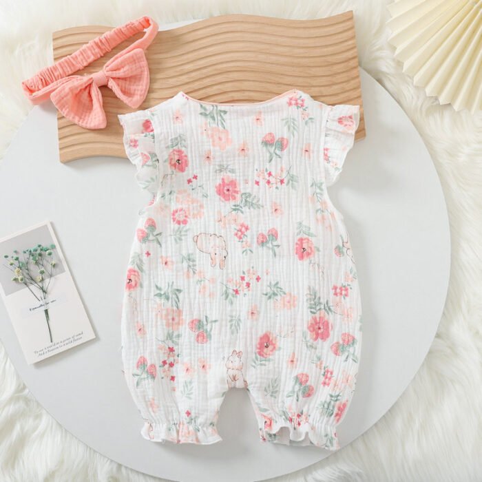 Girls Muslin Cloth White floral print romper Jumpsuit with matching head band - Image 3