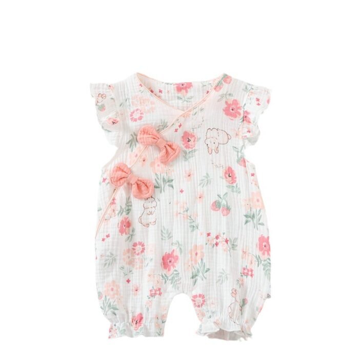 Girls Muslin Cloth White floral print romper Jumpsuit with matching head band - Image 4
