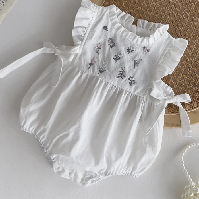 Cotton white Flower Embroidered White Romper - Onesie for baby girl - Image 3