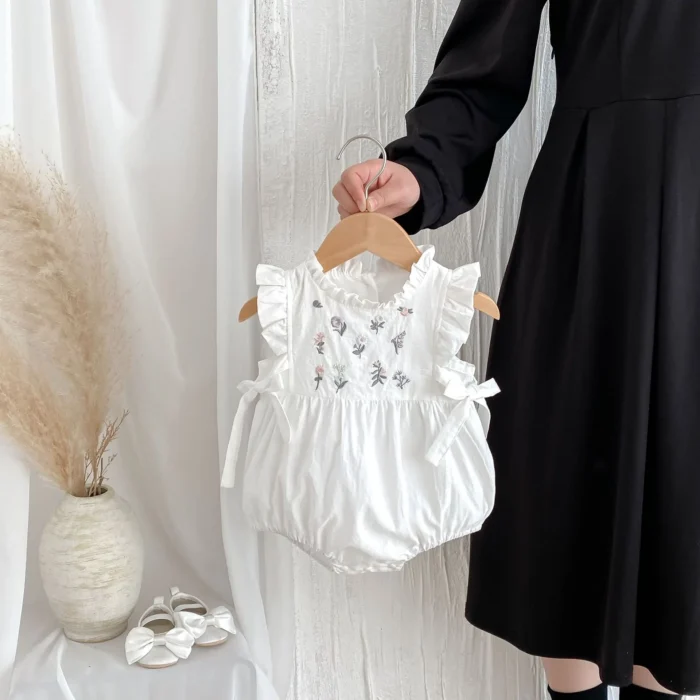 Cotton white Flower Embroidered White Romper - Onesie for baby girl - Image 4