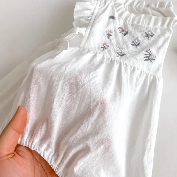 Cotton white Flower Embroidered White Romper - Onesie for baby girl - Image 2