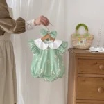 Cotton White Collar Flower print Green Romper with matching hair accessories