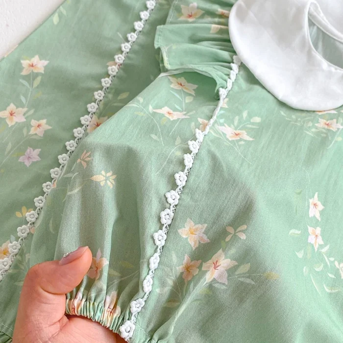 Cotton White Collar Flower print Green Romper with matching hair accessories - Image 3