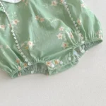 Cotton White Collar Flower print Green Romper with matching hair accessories - Image 4