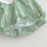 Cotton White Collar Flower print Green Romper with matching hair accessories - Image 5