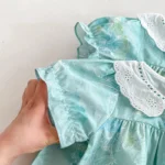 Cotton White Collar Floral print Blue Romper with matching head band - Image 3