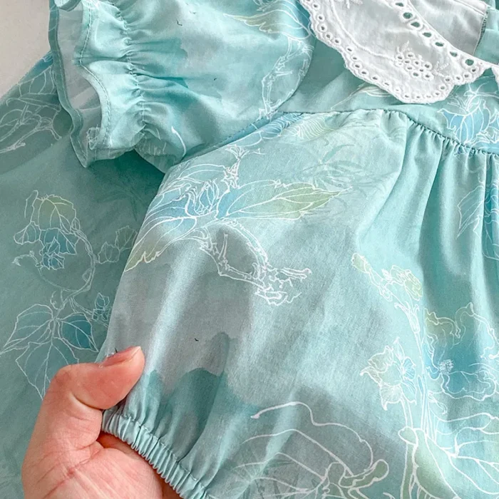 Cotton White Collar Floral print Blue Romper with matching head band - Image 4