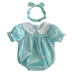 Cotton White Collar Floral print Blue Romper with matching head band - Image 2