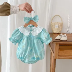 Cotton White Collar Floral print Blue Romper with matching head band