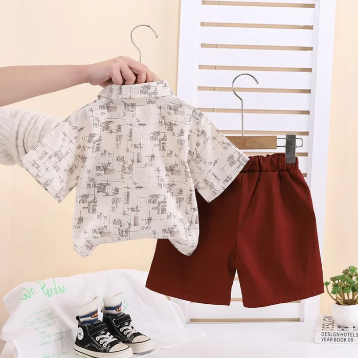 Boys Casual Summer Graphic Print Beige shirt and maroon Shorts set - Image 3