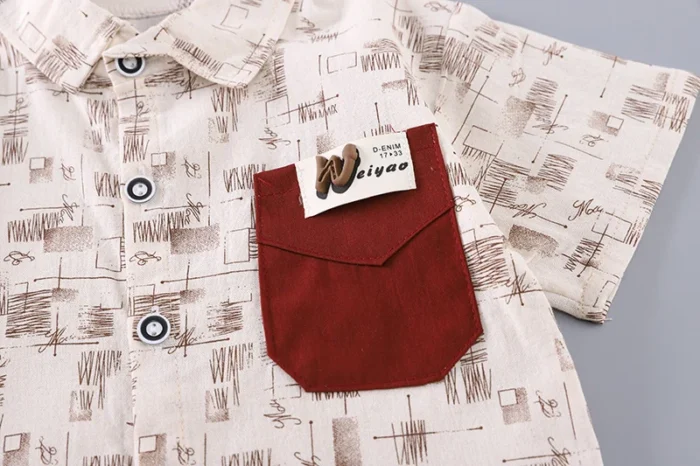 Boys Casual Summer Graphic Print Beige shirt and maroon Shorts set - Image 4