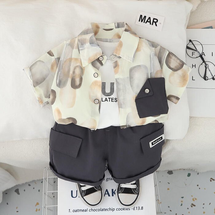 Boys Stylish Summer Graphic Print Beige shirt, white vest and black shorts set - Image 3