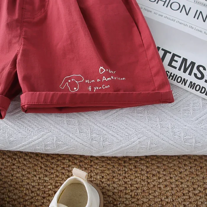 Boys Summer comfort Stylish Graphic Print Shirt and Burgundy Maroon Shorts set - Image 2