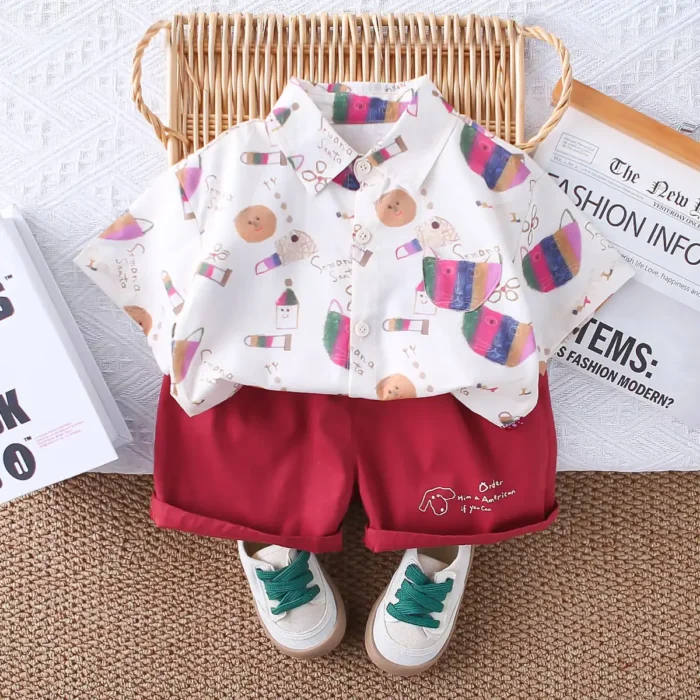 Boys Summer comfort Stylish Graphic Print Shirt and Burgundy Maroon Shorts set - Image 7