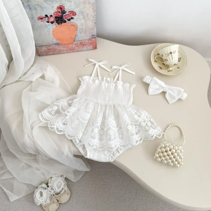 Elegant White Sheer Lace Romper for Girls – Comfortable Party Wear - Image 4
