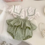 Summer Baby Set White Floral Korean collar top and Strap pant - Image 5