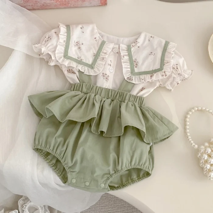 Summer Baby Set White Floral Korean collar top and Strap pant - Image 5