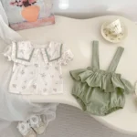 Summer Baby Set White Floral Korean collar top and Strap pant - Image 4