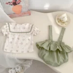 Summer Baby Set White Floral Korean collar top and Strap pant - Image 3