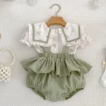 Summer Baby Set White Floral Korean collar top and Strap pant
