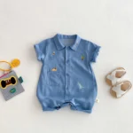 Boys Dino print Blue collared romper | Cute Summer Onesie | Jumpsuit for infants - Image 3