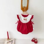 Girls Cherry print white collar Red Romper | Cotton Comfort