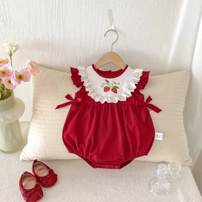 Girls Cherry print white collar Red Romper | Cotton Comfort - Image 4