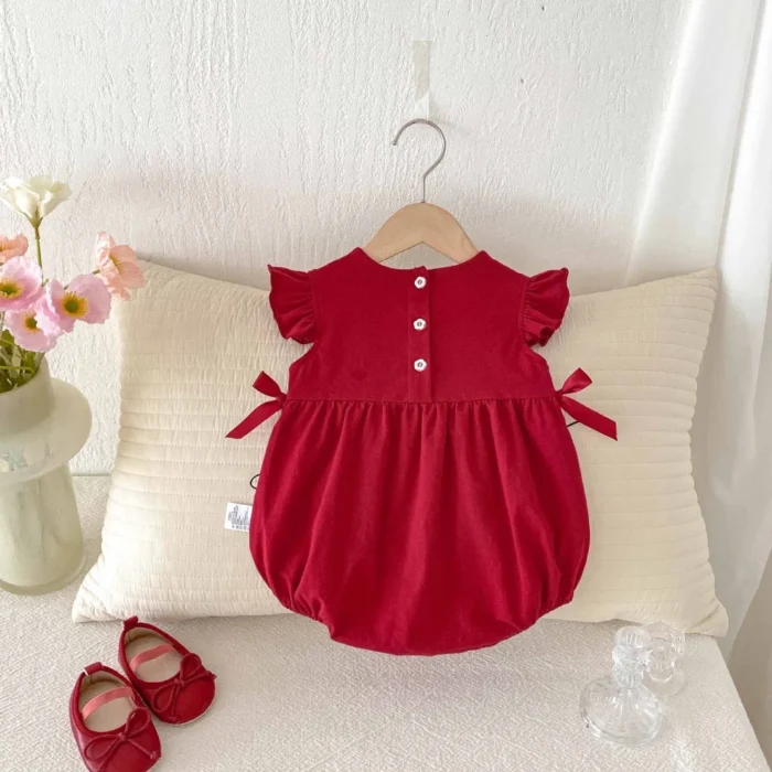 Girls Cherry print white collar Red Romper | Cotton Comfort - Image 3
