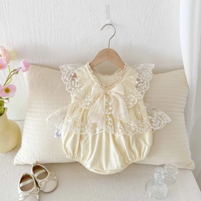 Off-White Sheer Lace Romper for Infant Girls | Baby Wear - Image 3