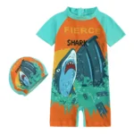 Kids Swim wear Shark Print Green Orange Swimsuit with swimming cap