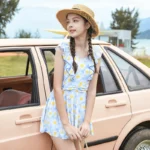 Children's One Piece Swimsuit beach wear | flower print light blue swimsuit for girls - Image 2
