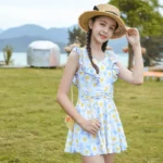 Children's One Piece Swimsuit beach wear | flower print light blue swimsuit for girls