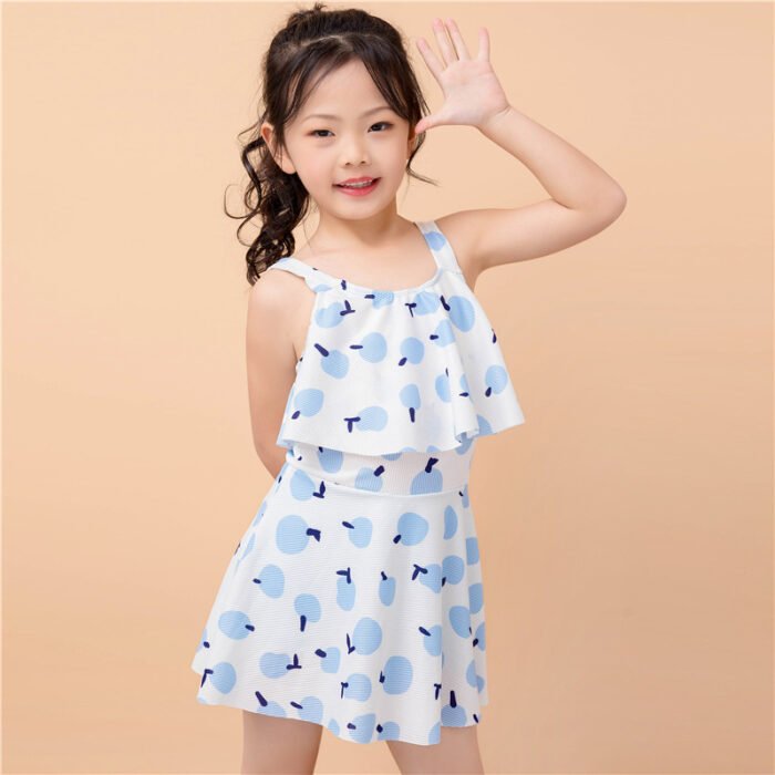 Children's One Piece Swimsuit beach wear blue fruit design swimsuit for girls 6-9 Years - Image 3