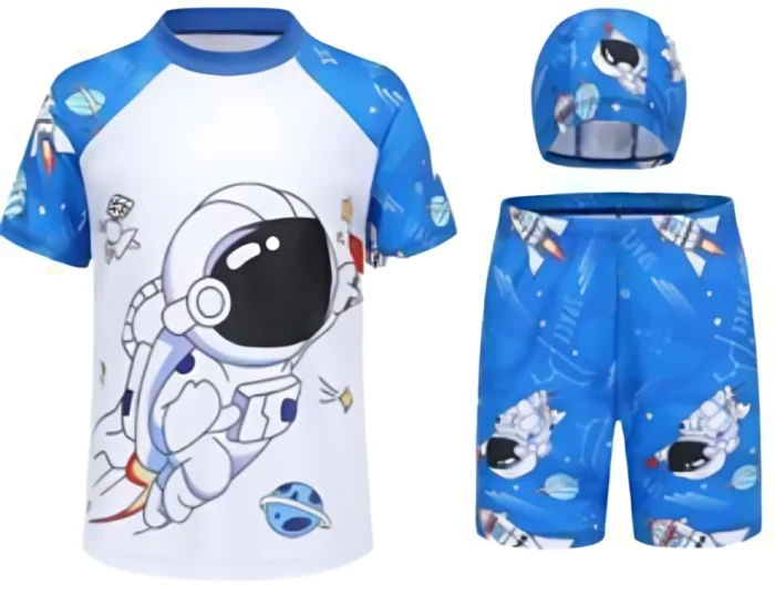 Boys Astro Print White Blue Swimsuit set with swimming cap - Image 2