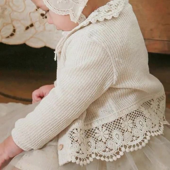 Off-White Lace Full-Sleeve Cardigan for Girls | Kids light Winter Wear - Image 2