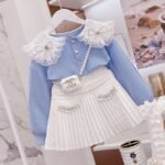 Stylish and Elegant Blue Blouse with Shoulder Bow & White Skirt Set for Girls