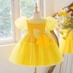 Yellow Girls Sequin Bow Tulle Puff Sleeves Princess Party Dress , Yellow birthday dress - Image 4