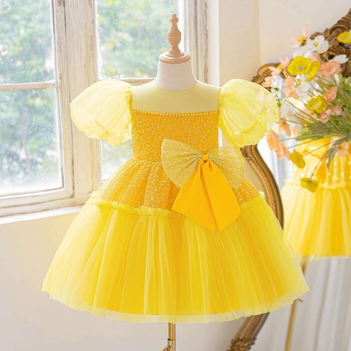 Yellow Girls Sequin Bow Tulle Puff Sleeves Princess Party Dress , Yellow birthday dress - Image 4