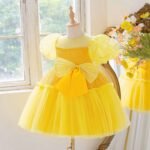 Yellow Girls Sequin Bow Tulle Puff Sleeves Princess Party Dress , Yellow birthday dress