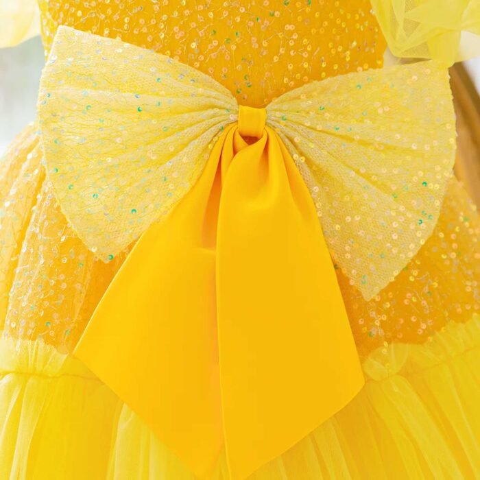 Yellow Girls Sequin Bow Tulle Puff Sleeves Princess Party Dress , Yellow birthday dress - Image 3