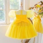 Yellow Girls Sequin Bow Tulle Puff Sleeves Princess Party Dress , Yellow birthday dress - Image 2