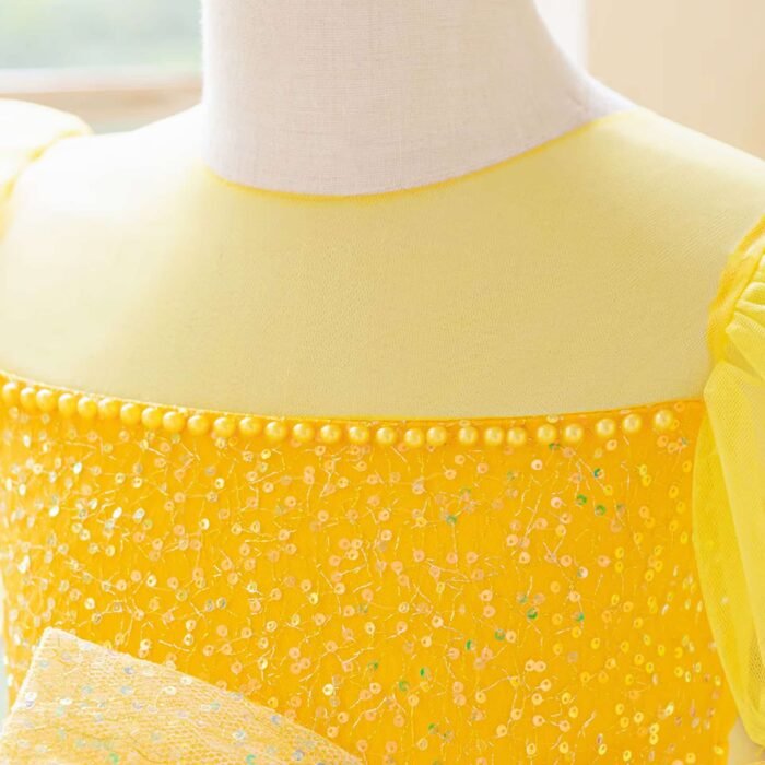 Yellow Girls Sequin Bow Tulle Puff Sleeves Princess Party Dress , Yellow birthday dress - Image 6