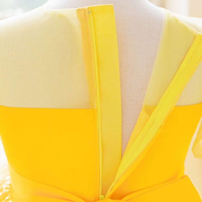 Yellow Girls Sequin Bow Tulle Puff Sleeves Princess Party Dress , Yellow birthday dress - Image 5