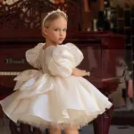 White Elegant Satin Princess Party Dress Puffy Flowers Formal Style Frock for Girls - Image 4