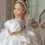 White Elegant Satin Princess Party Dress Puffy Flowers Formal Style Frock for Girls - Image 3
