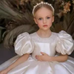 White Elegant Satin Princess Party Dress Puffy Flowers Formal Style Frock for Girls - Image 2