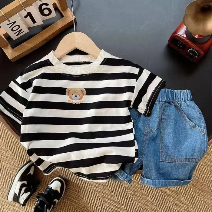 Boys' Fashion Stripe T-Shirt & Denim Shorts 2-Piece Set - Image 2